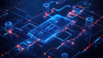 Fototapeta premium Futuristic Digital Circuit Board with Blue and Red Neon Lights - High-Tech Electronic Technology Concept