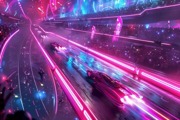 Energetic 3D render of a futuristic race with high-speed hovercrafts, neon trails, and a cheering crowd, created by ai