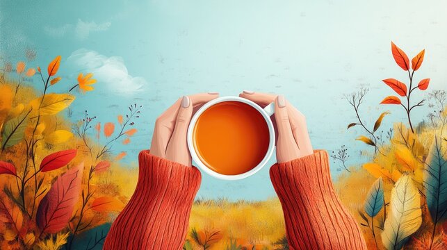 Warm Autumn Morning with Hands Holding Coffee Cup in Colorful Fall Landscape