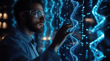 Scientist Analyzing DNA Structure on Holographic Interface in High-Tech Laboratory