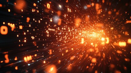 Obraz premium Abstract Glowing Digital Particles and Binary Code in Motion - Futuristic Technology Background