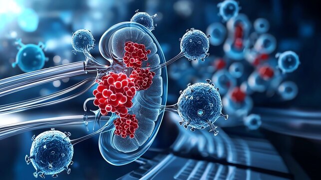 3D illustration of a kidney affected by cancer cells.