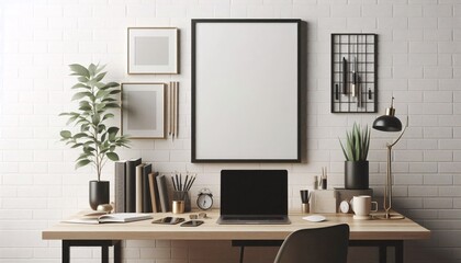 Mockup poster wooden frame on wall close up front view