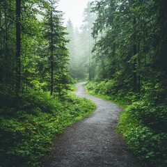 Fototapeta premium Winding Forest Path with Foggy Atmosphere