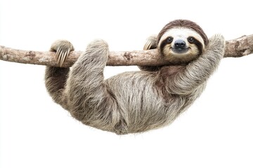 Fototapeta premium Sloth, Animal of Costa Rica on white background, isolated, funny animal hanging on tree branch scratching belly, cute, funny and chilled with generative ai