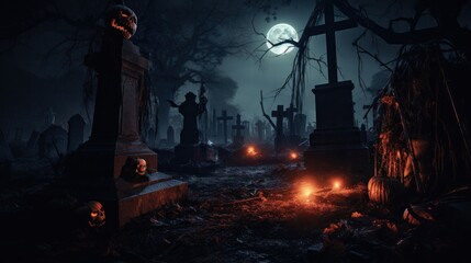 Jack O' lamp that glows from within near the old grave In the cemetery at night Add a mysterious atmosphere