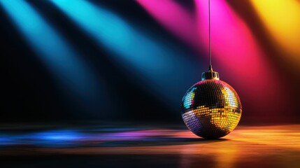 Fototapeta premium A vibrant disco ball hanging under colored lights, creating a lively atmosphere for parties and celebrations.