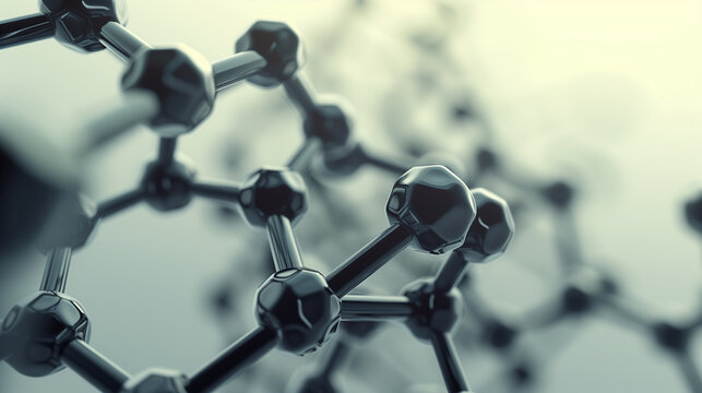 Generate a highly detailed 3D model of a molecular structure resembling a carbon nanotube or fullerene (buckyball) with hexagonal and pentagonal shapes connected by smooth rods. The structure should h