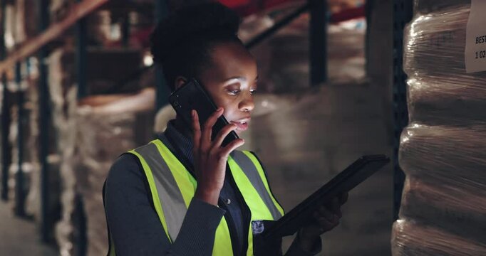 Tablet, black woman or phone call in warehouse for shipping distribution, overtime or supplier. Factory inspection, night or logistics worker talking on mobile to organize inventory order or stock