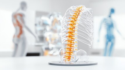 Fototapeta premium A 3D model of the human spine on a white table with blurred anatomical figures in the background.
