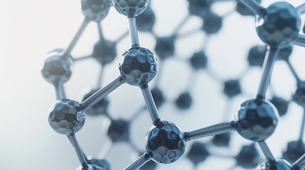 Generate a highly detailed 3D model of a molecular structure resembling a carbon nanotube or fullerene (buckyball) with hexagonal and pentagonal shapes connected by smooth rods. The structure should h