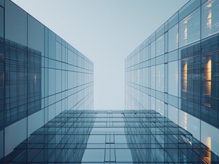 Modern skyscraper with blue glass facade. Abstract architecture, geometric patterns. Cityscape, urban design.