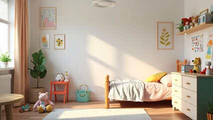 Child playing with toys in bedroom, wall mockup
