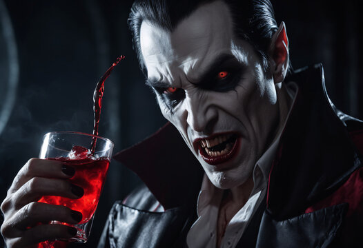 closeup demonic vampire drinking a scarlet liquid, in the night background 