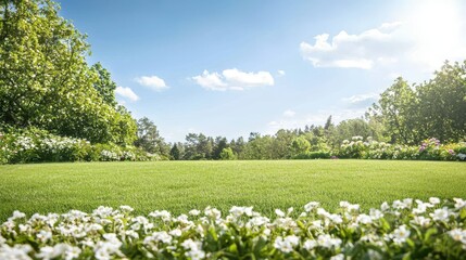 Green Grass Meadow with White Flowers and Blue Sky
