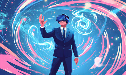 Businessman in virtual reality headset exploring a digital world, with swirls of blue and pink colors.