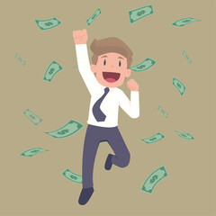 Happy Businessman Jumping Under Money Rain. Business Success. Vector illustration