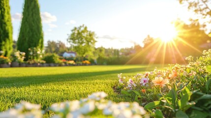 Obraz premium Sunny Summer Garden with Flowers and Green Grass