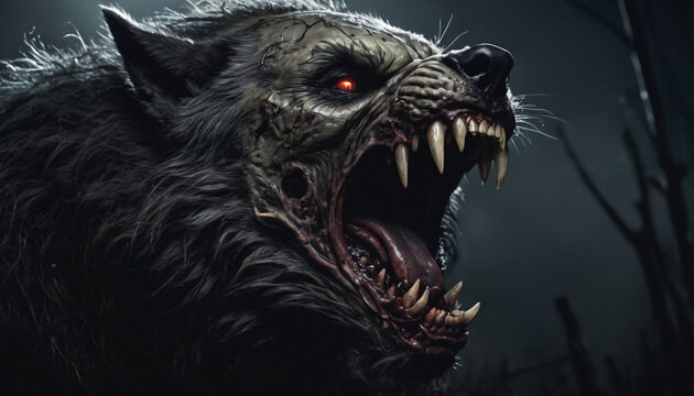 zombie werewolf snarling, in the night 