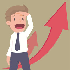 Business man Look at the arrow reach higher target. flat character ambition to success in competition.vector