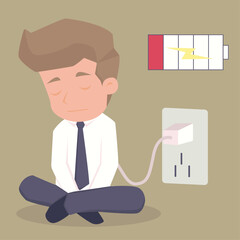 Businessman feeling tired and low battery, illustration vector cartoon