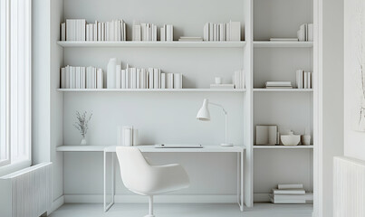 Fototapeta premium Minimalist workspace with white shelves, desk, chair, and lamp.