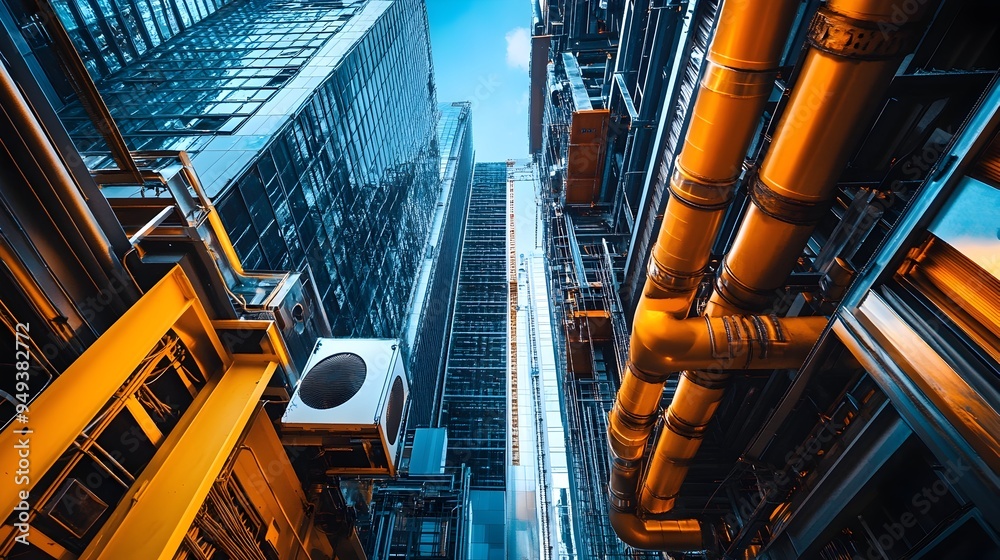 Poster advanced iot enabled machinery precisely installing hvac systems within a skyscraper under construct