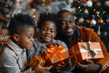 A joyful and happy african american family is delightfully embracing the holiday season, surrounded by gifts and love for each other