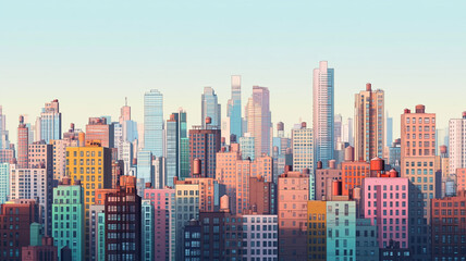 Obraz premium Vibrant city skyline at sunset featuring colorful high-rise buildings and clear blue sky