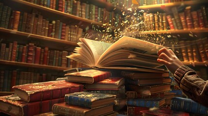 07231249 04. A boy's hand captured in the act of opening a book, with the background featuring a well-stocked library with books of various genres and sizes, emphasizing the excitement of learning