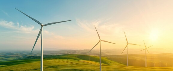 Wind turbines and farming landscape, no text, copy space, natural lighting