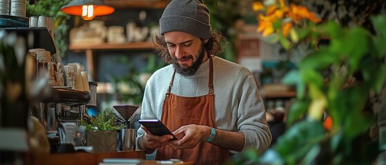 Fototapeta premium Owner of a cafe utilizing a smartphone for small business