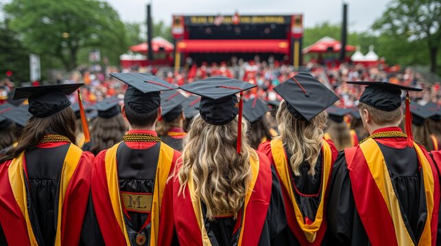 07231249 13. A group of university graduates seen from behind, dressed in traditional graduation attire, with their caps tassels hanging to the side, gathered outdoors on commencement day with an