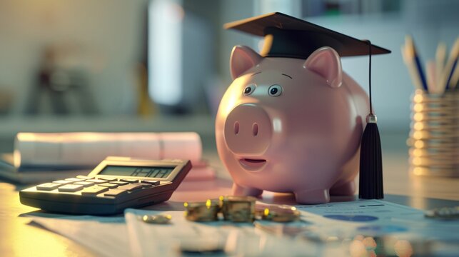 07231249 19. A detailed scene of a piggy bank, coins, and a graduation cap on a desk with financial documents and a calculator, depicting the planning and investment in student loans and saving for