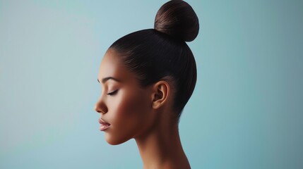 A person with a classic ballerina bun, featuring a tight, neat bun positioned high on the head