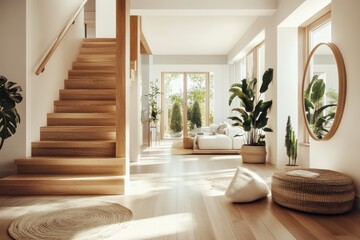 modern minimalist interior, sunlit hallway, wooden staircase, Scandinavian design, natural light, cozy ambiance, neutral colors, rattan furniture, spacious, clean lines, cozy corner, indoor plants, la