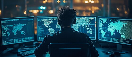 Hacker using a digital overlay of the global map while hacking on several computers.