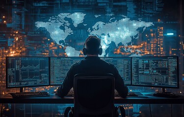 Hacker using a digital overlay of the global map while hacking on several computers.