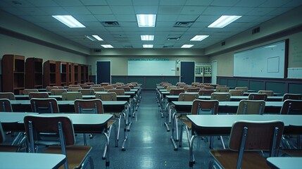 Fototapeta premium 07231249 46. Empty classroom in a primary school viewed from the backside, with neatly arranged chairs on top of school desks, soft lighting highlighting the orderly rows, and a whiteboard in the