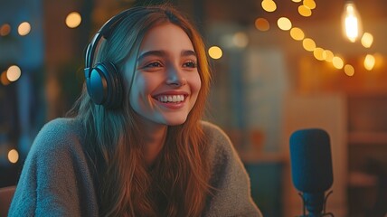 Content young lady in a contemporary studio recording a podcast with a co-host