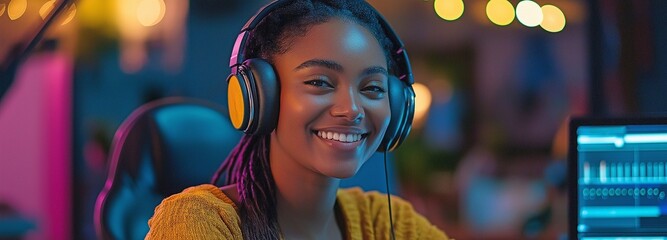 Content young lady in a contemporary studio recording a podcast with a co-host