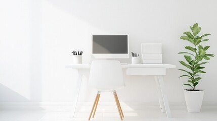 Minimalist White Home Office Desk with Computer  Plant and Chair