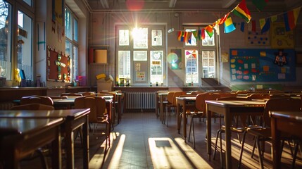 07231249 56. Shot of an empty classroom with chairs neatly tucked under desks, sunlight streaming through the windows, and colorful decorations on the walls, reflecting the quiet of an elementary