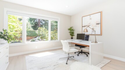 Modern Home Office Interior Design with White Desk and Large Window