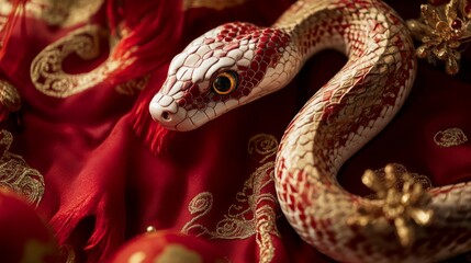 Fototapeta premium Embrace the Chinese New Year with a focus on the Year of the Snake, featuring elegant snake motifs and traditional red and gold decorations, symbolizing wisdom and prosperity