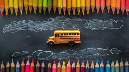 Fototapeta premium 07231249 66. Top view of a blackboard background with a miniature school bus and colorful pencils arranged around it, creating a lively back to school concept