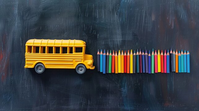 07231249 70. Classroom blackboard with a small school bus model and neatly arranged colored pencils, presenting a creative back to school theme