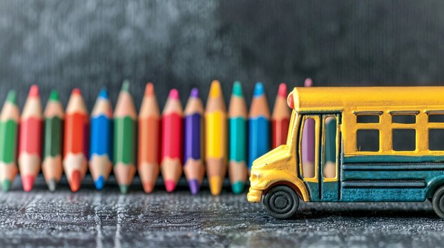 07231249 70. Classroom blackboard with a small school bus model and neatly arranged colored pencils, presenting a creative back to school theme