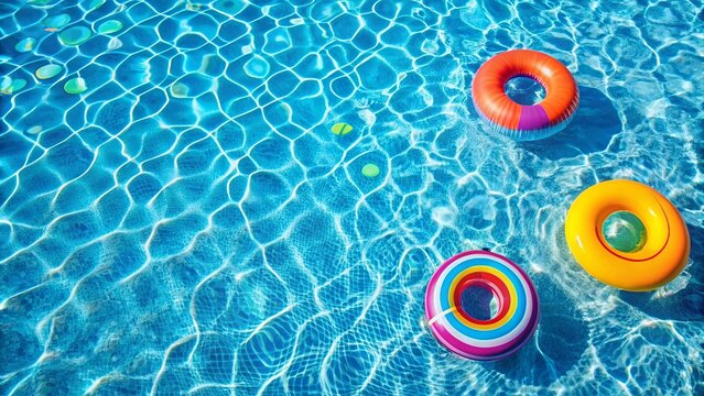 Background image of a swimming pool with crystal clear water and colorful floaties, swimming pool, background
