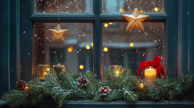 Cozy window decorated with festive winter ornaments overlooking a snowy landscape with warm indoor lighting
seamless looping 4k time-lapse virtual video animation background. generated ai